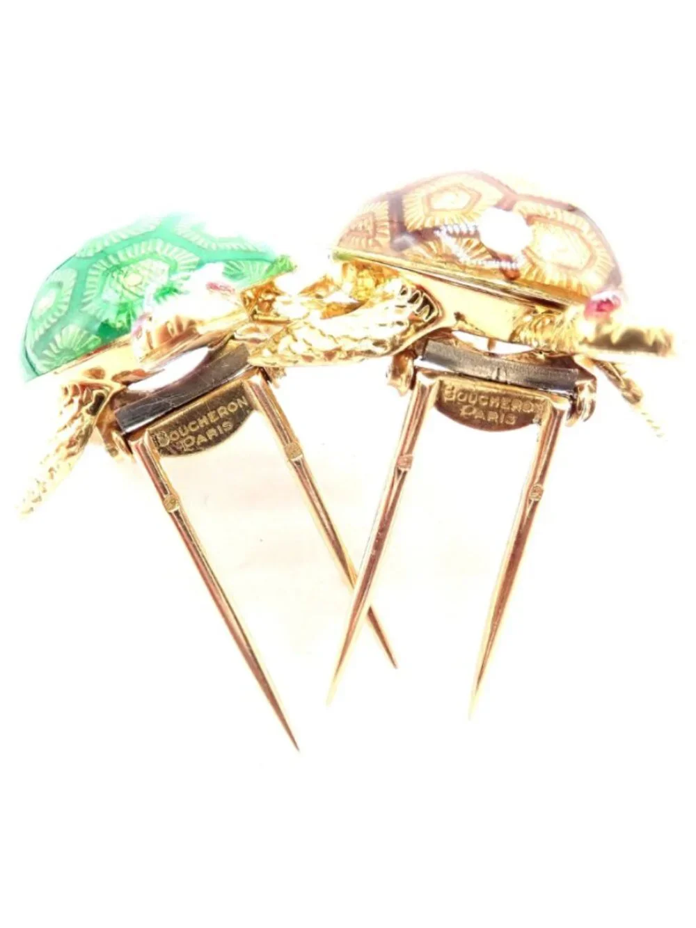 Vintage! Boucheron France 18k Yellow Gold Enamel Set Of Two Turtle Brooches